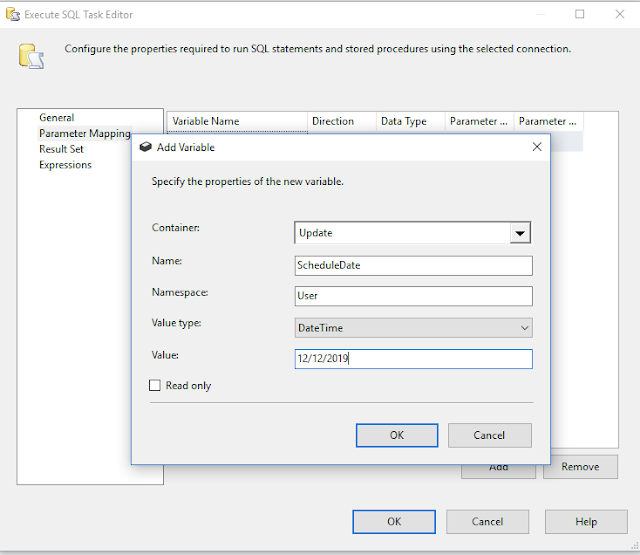 SSIS SQL Task Add Variable 