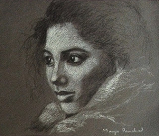 Portrait study work using charcoal pencil and white pastel pencil by Manju Panchal