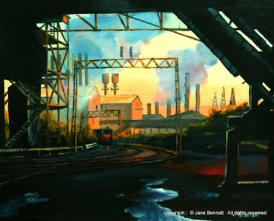 plein air oil painting of railway goods yard BHP steelworks Kooragang Island by industrial heritage artist Jane Bennett