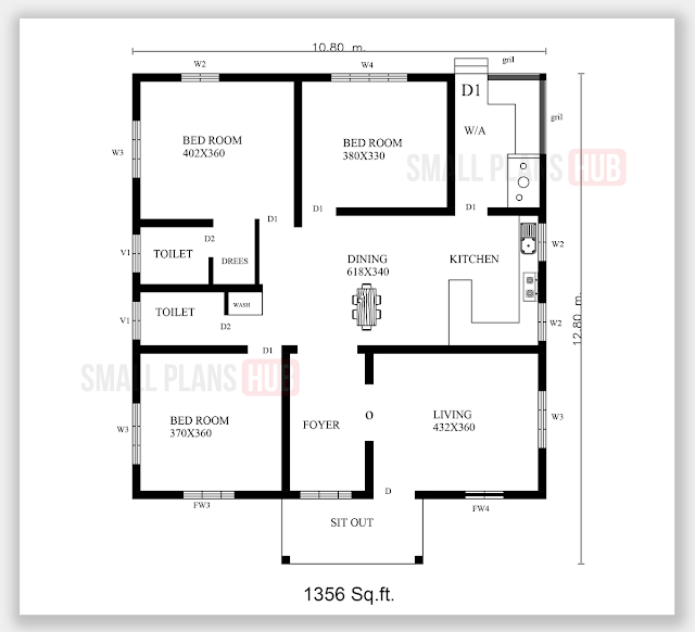 1356 sq.ft. 3 BHK Single floor Plan
