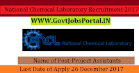 National Chemical Laboratory Recruitment 2017–22 Project Assistants