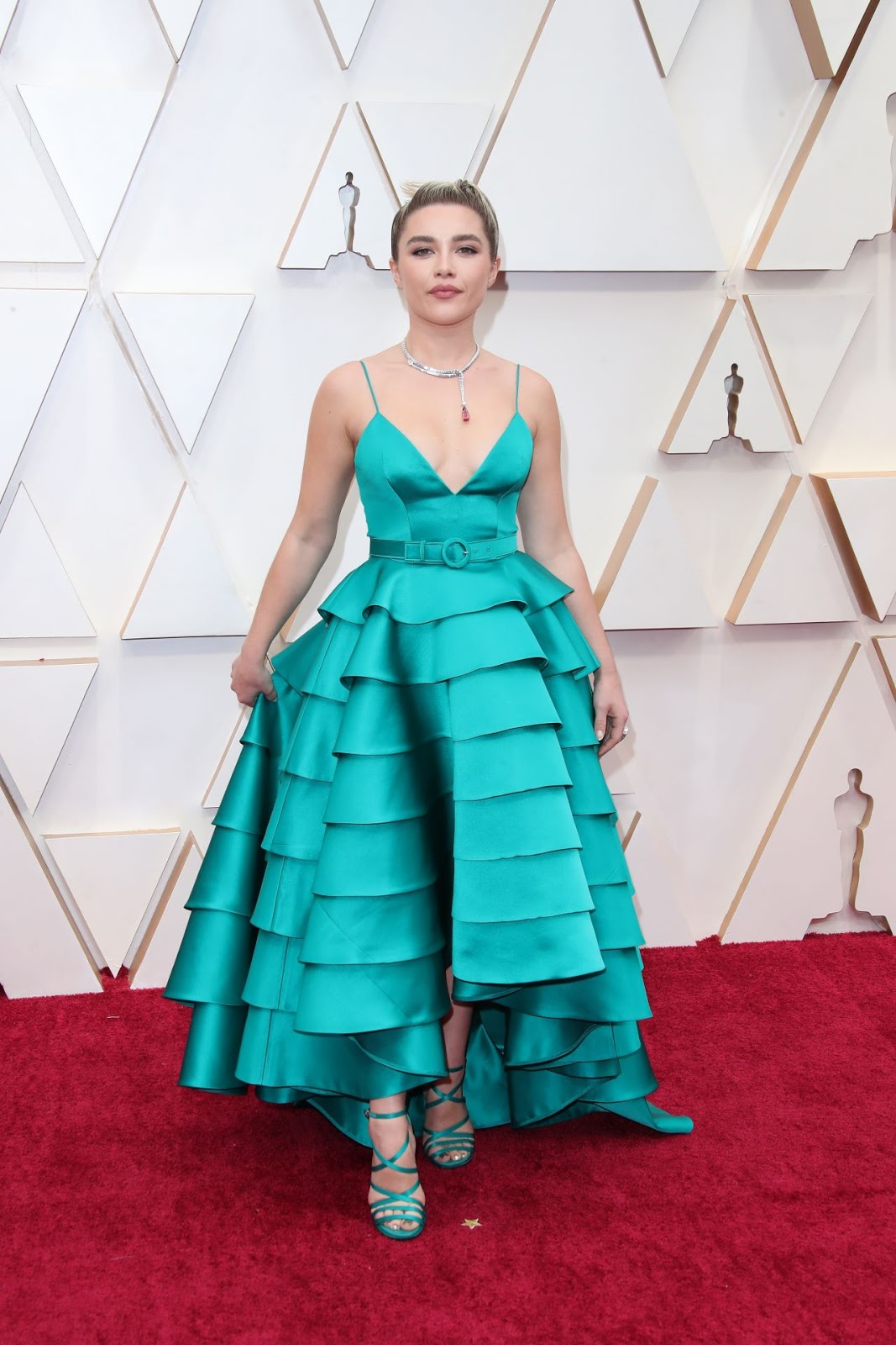 Florence Pugh arrives in tiered teal Louis Vuitton gown to the 2020