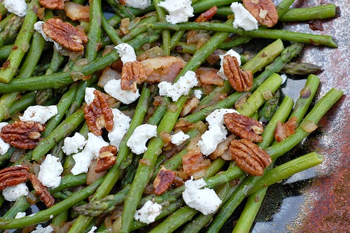 Asparagus with goat cheese and candied pecans by Eve Fox, the Garden of Eating, copyright 2011