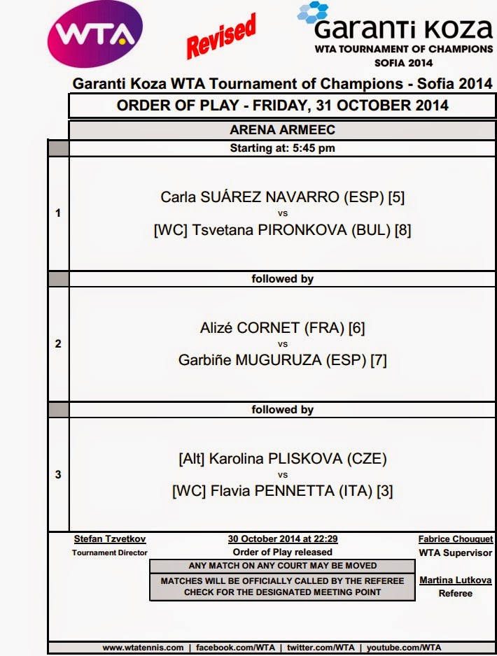 WTA TENNIS COMENTADA POR JAVIER ORDER OF PLAY, 31 OCTOBER 2014