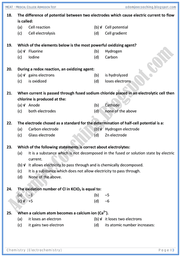 Adamjee Coaching MCAT Chemistry [Electrochemistry] Mcqs for Medical
