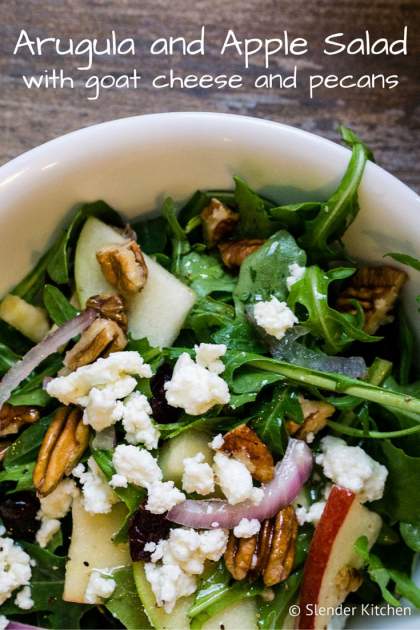This Arugula and Apple Salad with Goat Cheese, Pecans, and a Lemon Vinaigrette is full of flavor and makes a perfect healthy side dish or main course with some added chicken, shrimp, chickpeas