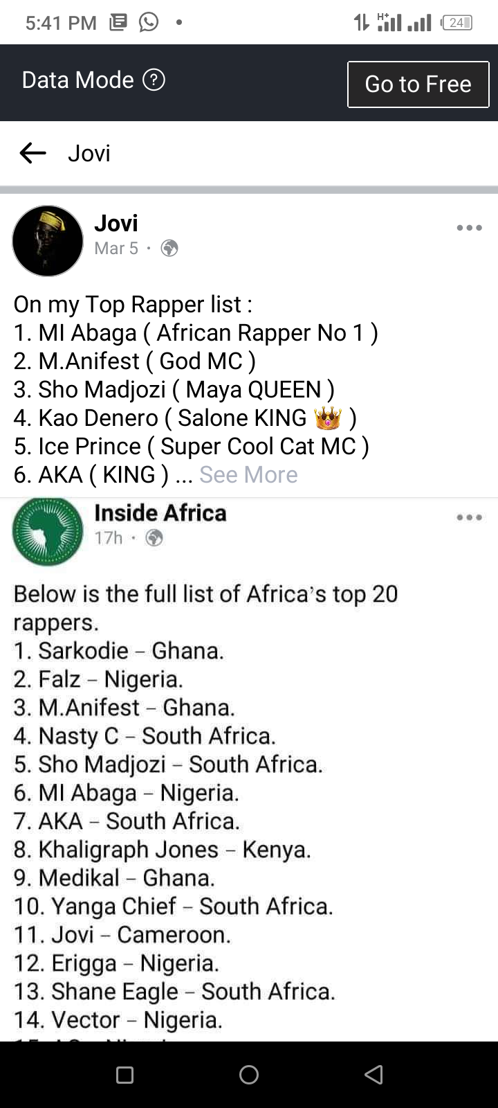 Screenshot showing Jovi list and Inside Africa list
