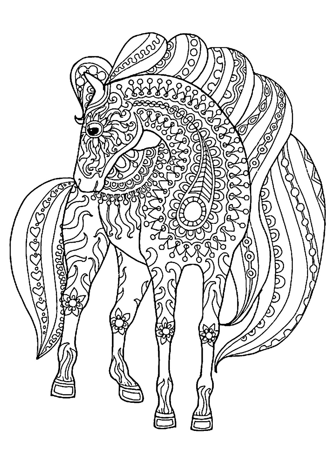 Tranh tô màu con ngựa có bờm vẽ trang trí