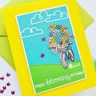 Newton's Nook Loads of blooms, NND Floral card, Floral stamp, Girl with flowers on cycle, Floral cycle birthday card, Colored cardstock cardmaking, Quillish, Time out challenges