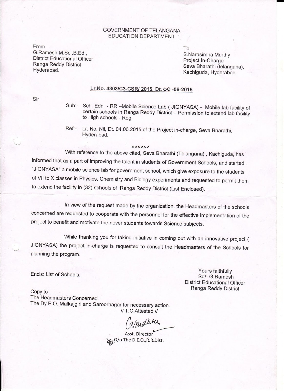 JIGNYASA Rangareddy DEO permission letter to SevaBharathi Jignyasa
