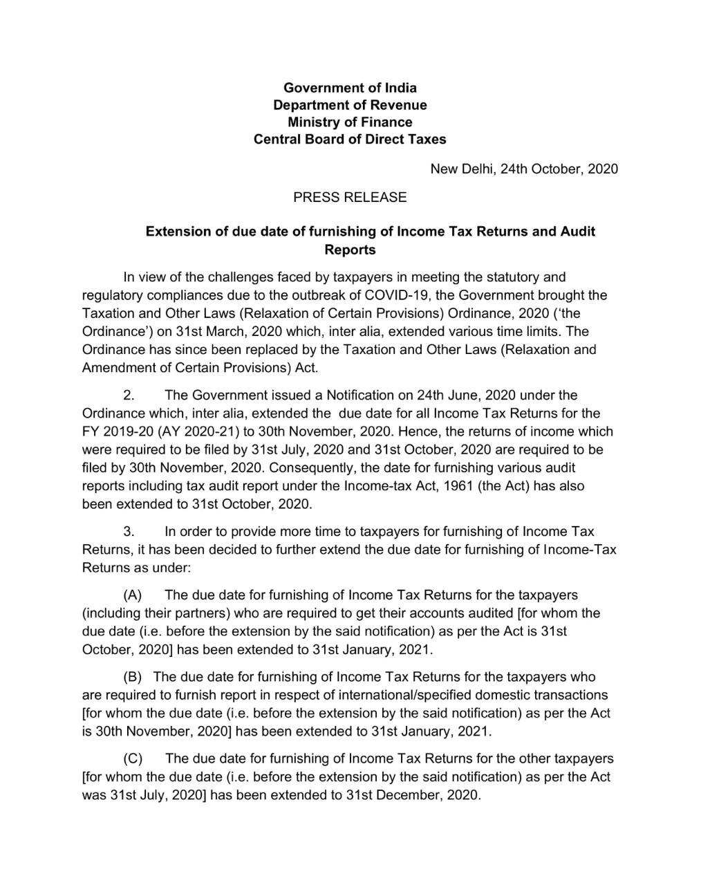 Tax Due Date Extension for AY 202021