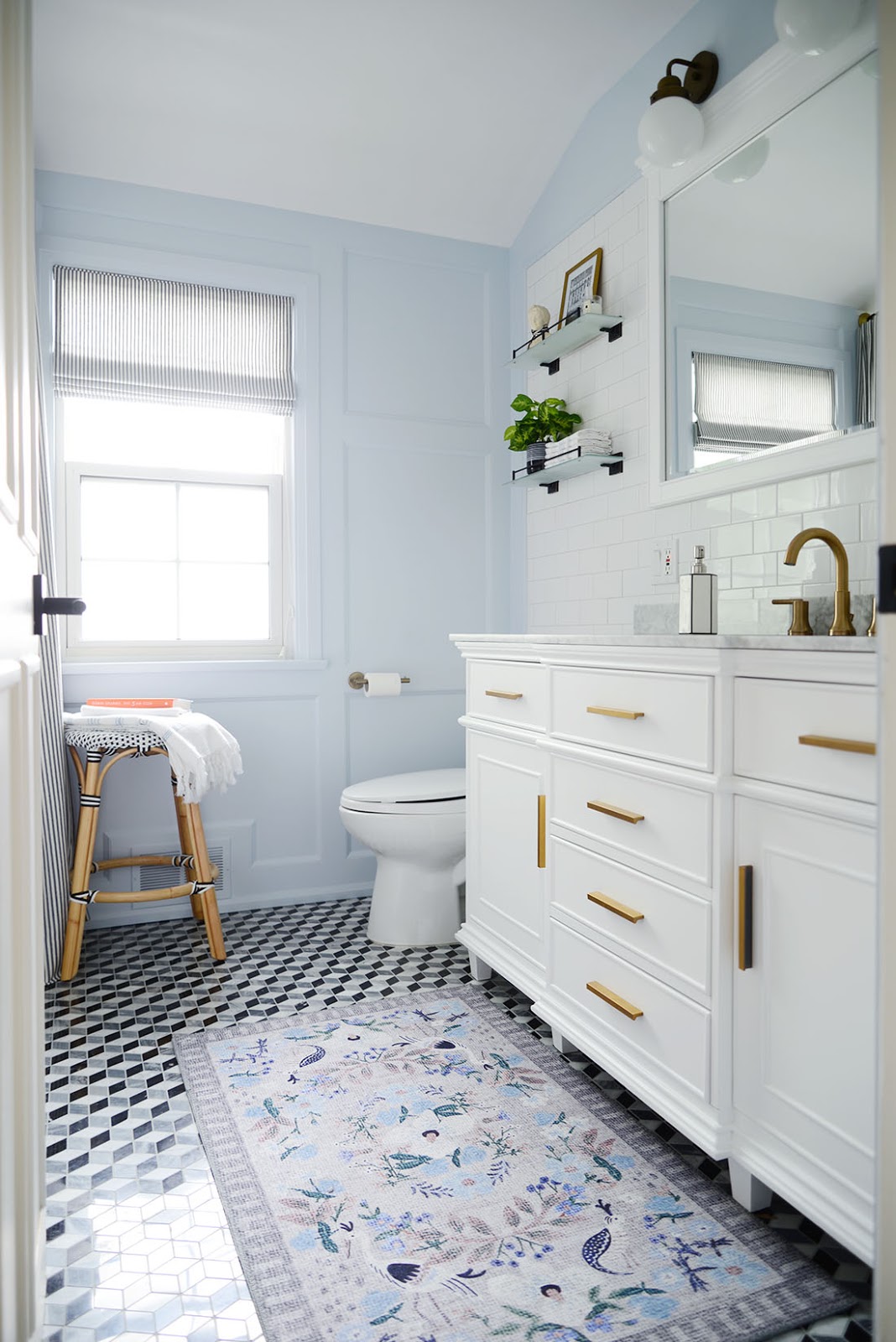 french style bathroom, home depot bathroom remodel, french country bathroom, light blue bathroom, french style bathroom vanity, black white 3d cube tile
