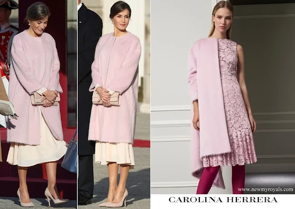 Queen Letizia wore Carolina Herrera pink brushed wool coat from FW 2017 collection