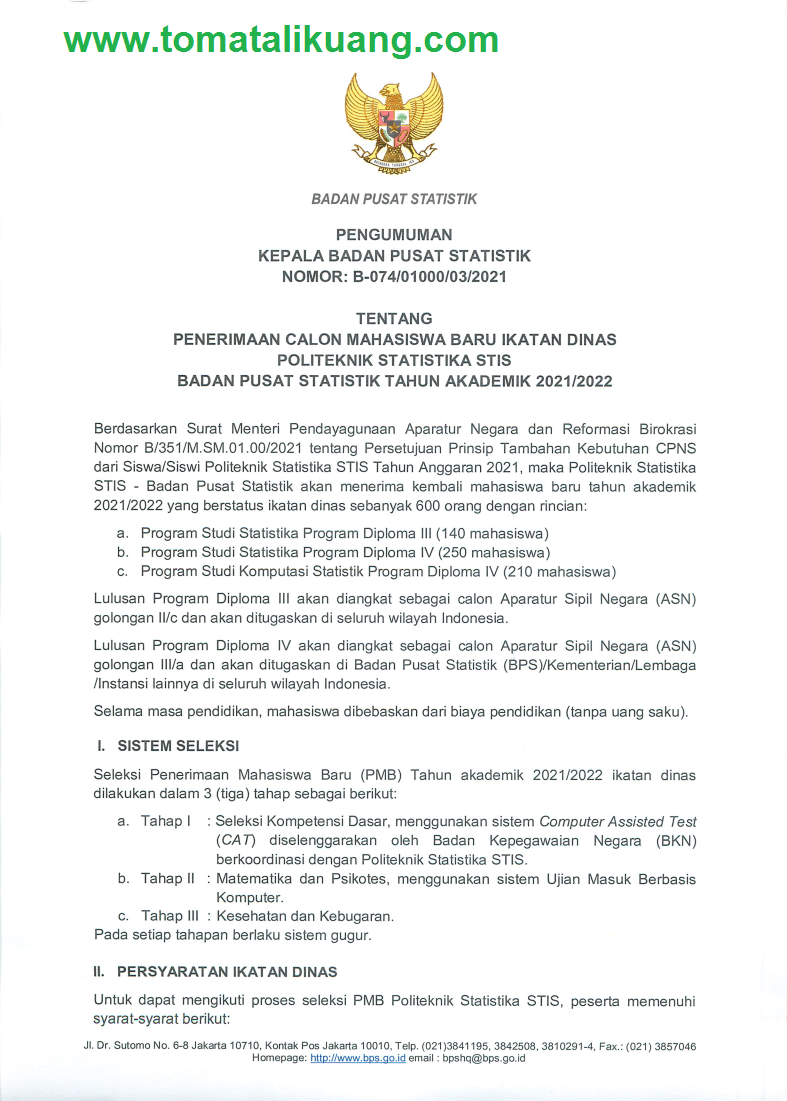 Jadwal Syarat Cara Daftar Politeknik Statistika Stis Tahun 2021 2022 Resmi