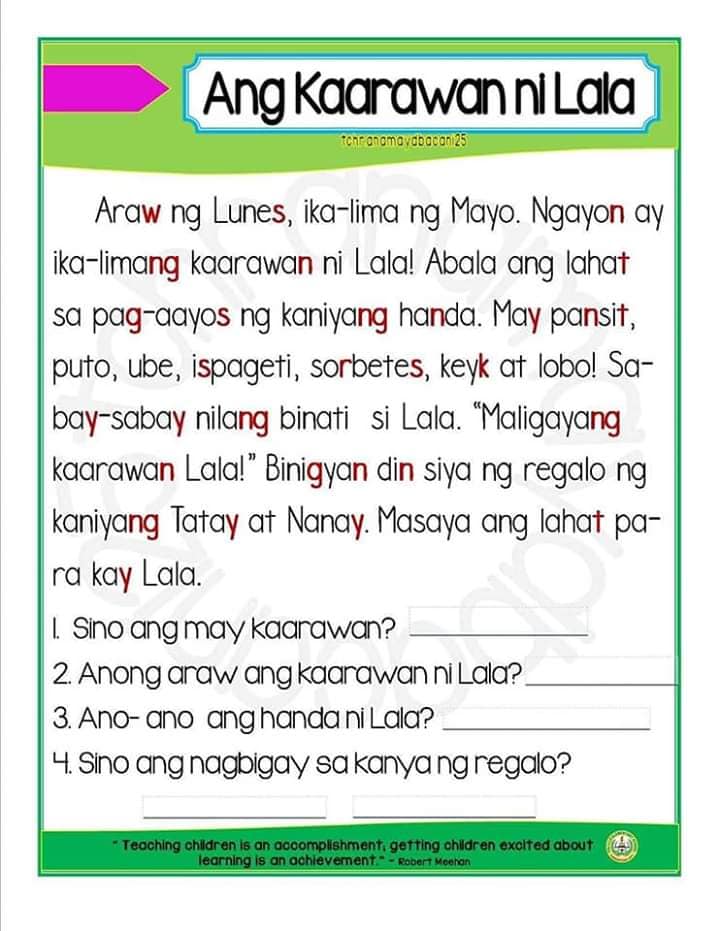 Pagbasa Filipino Reading Comprehension Worksheets For Grade 2 Lori