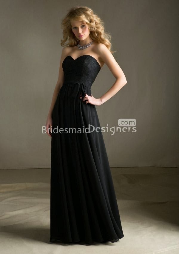 Two-tone Black Lace Bodice Sweetheart Strapless A-line Long Bridesmaid Dress