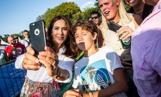 Crown Princess Mary wore a new cassia patch floral-print cotton midi skirt by Zimmermann. Rebekka Notkin necklace