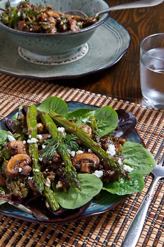 Warm Mushroom and Wild Rice Salad with Roasted Asparagus and Feta