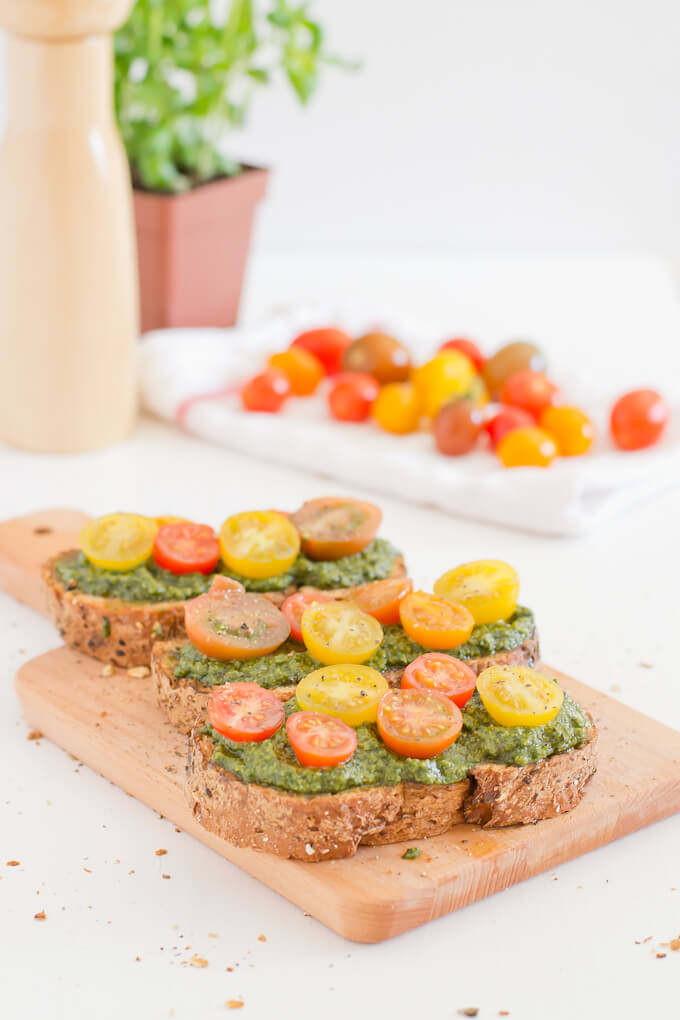 Vegan Pesto Cherry Tomato Bruschetta via danceofstoves.com #vegan Vegan Pesto Cherry Tomato Bruschetta via danceofstoves.com #vegan