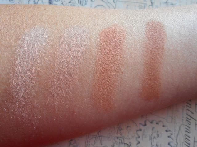 Urban Decay Naked Heat swatches - L-R ounce, chaser, sauced, low blow