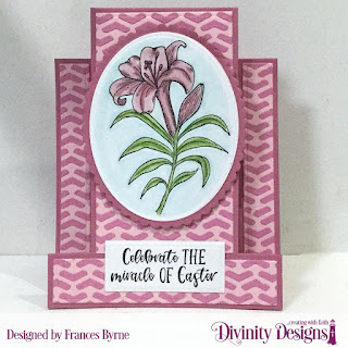 Divinity Designs Stamps:  Miracle of Easter  Custom Dies: Center Step A2 Card, Center Step A2 Layers, Ovals, Scalloped Ovals, Rectangles  Paper Collection: Spring Flowers 2019  Mixed Media Stencils: Arrows