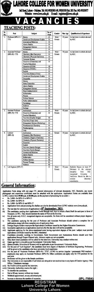 Lahore College for Women University LCWU Latst Jobs For Professor, Lecturer, Assistant Professor & Other
