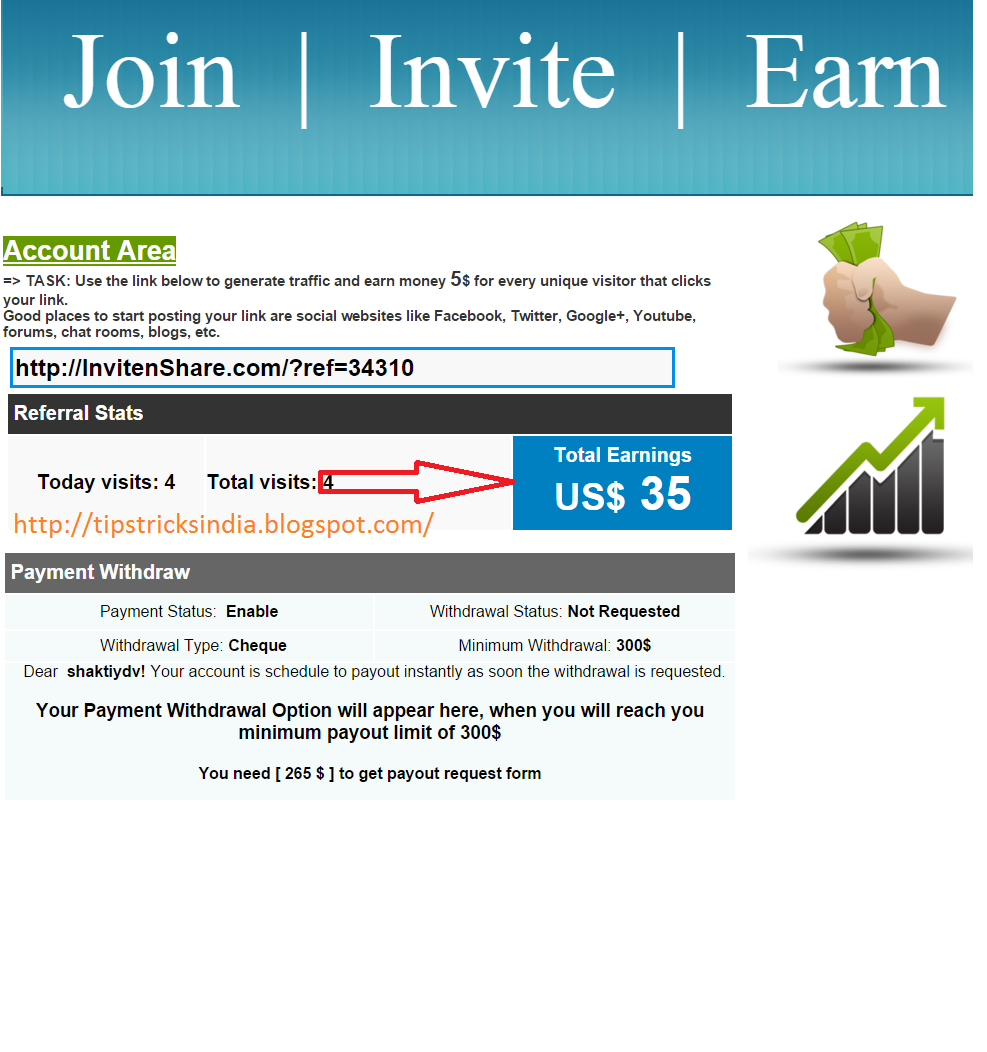 earn4invite.com earn money by inviting - 1$ per referral link visit