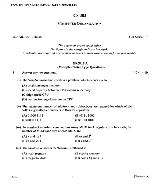 CS303 Computer Organisation WBUT B.Tech CSE III Semester 2014 Question