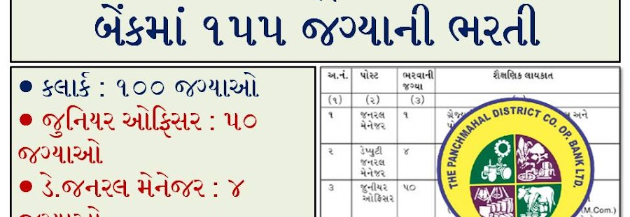 The Panchmahal District Co-Operative Bank Limited Recruitment for 155 Clerk, Junior Officer & Other Posts 2020