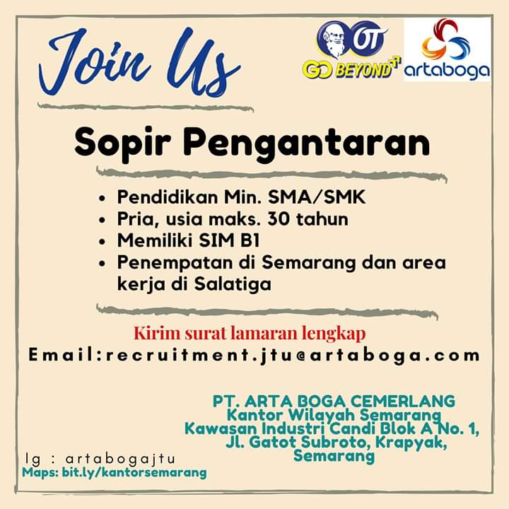 Lowongan Kerja Pt Arta Boga Cemerlang Supir Sim B1 Semarang Dan Salatiga Loker Swasta Aplikasi lowongan kerja di kota semarang dan sekitarnya, update setiap hari dari berbagai perusahaan, bumn, rumah sakit, cpns, dan perusahaan nasional lainnya. lowongan kerja pt arta boga cemerlang