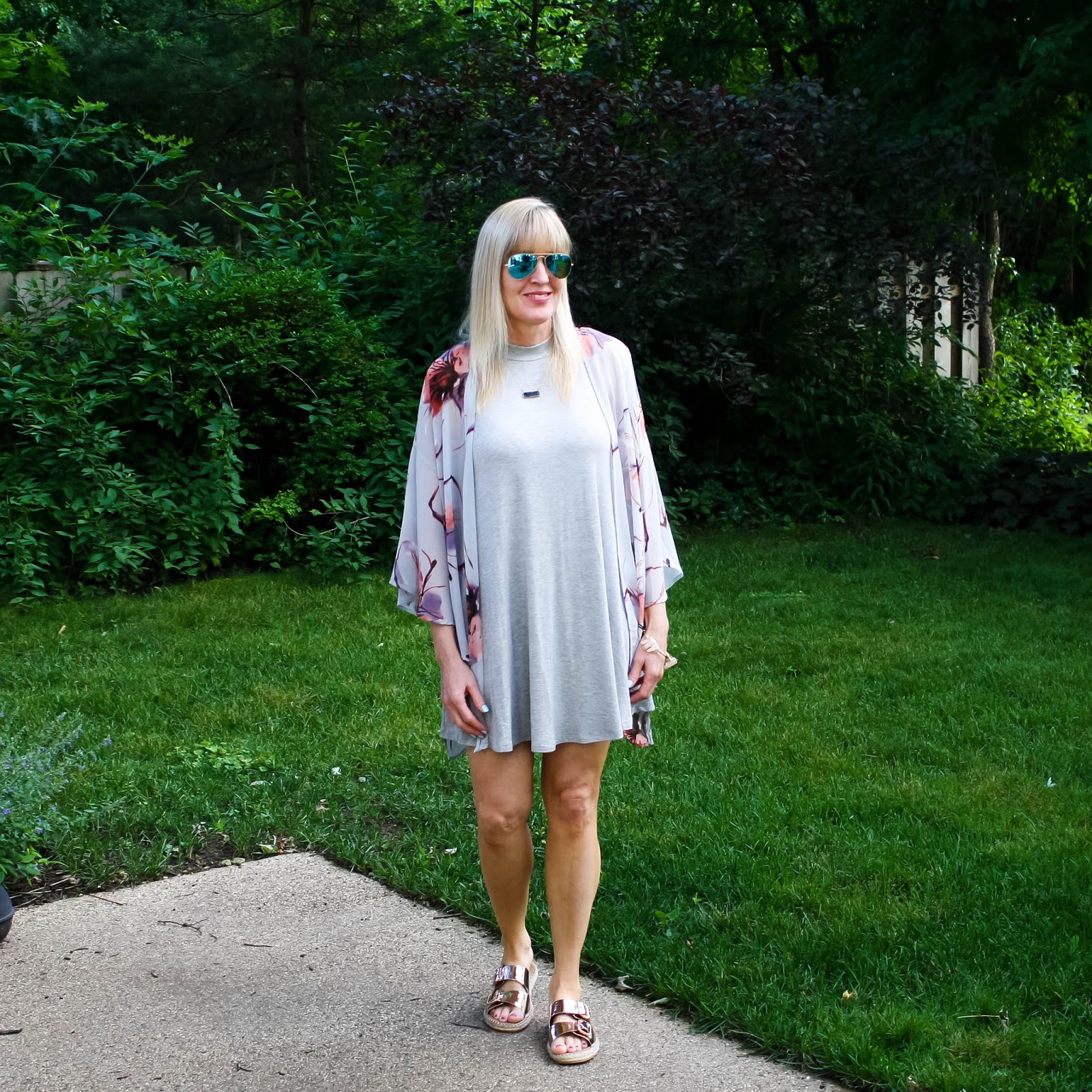 Grey Swing Dress + Floral Kimono