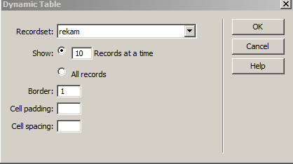 Dynamic Table dengan recordset Dynamic Table dengan recordset