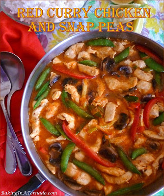 Red Curry Chicken and Snap Peas comes together in just one pan. Chicken and vegetables are simmered in an enhanced red curry sauce. | Recipe developed by www.BakingInATornado.com | #recipe #dinner