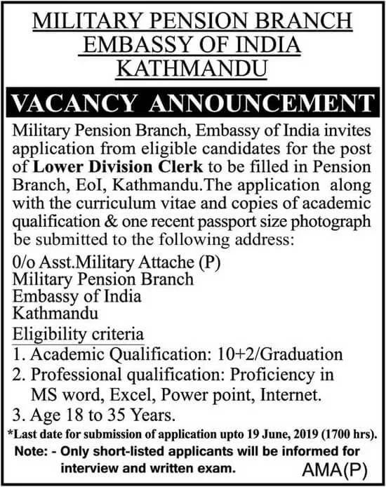 Vacancy Announcement from Embassy of India, Kathmandu.