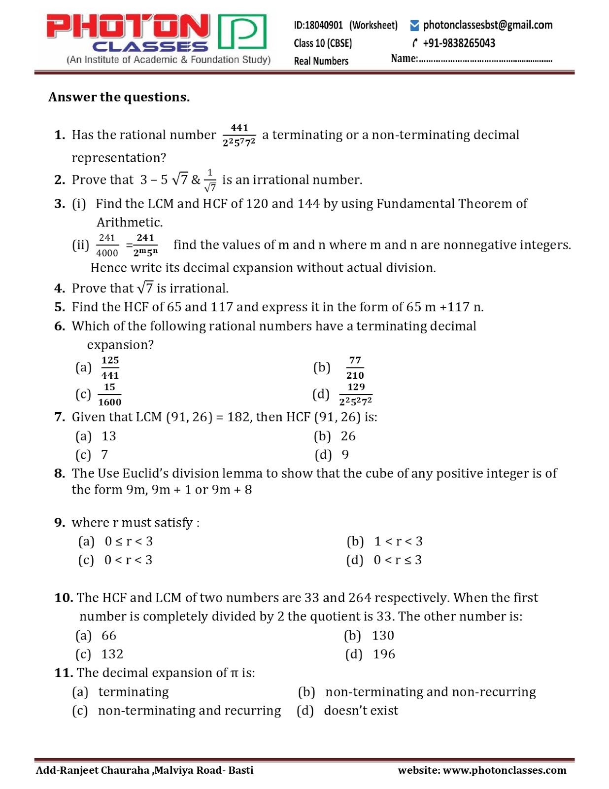 CBSE Class 10 NCERT Worksheet Mathematics Real Number Chapter 1