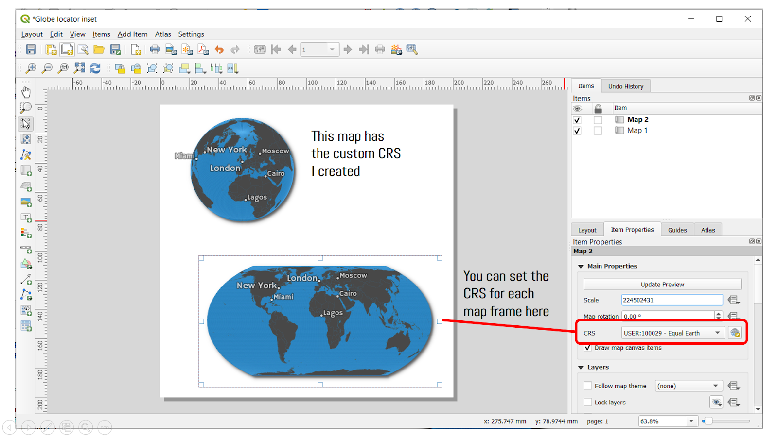 Stats, Maps n Pix Globe projections and insets in QGIS