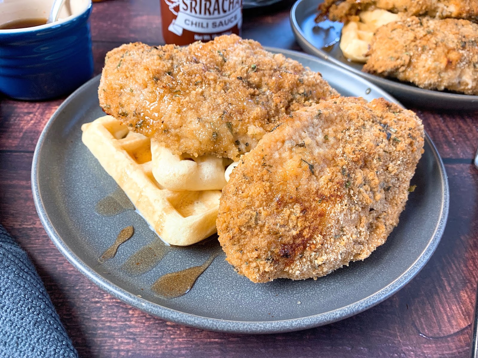 Baked Chicken and Waffles with Sriracha Maple Syrup