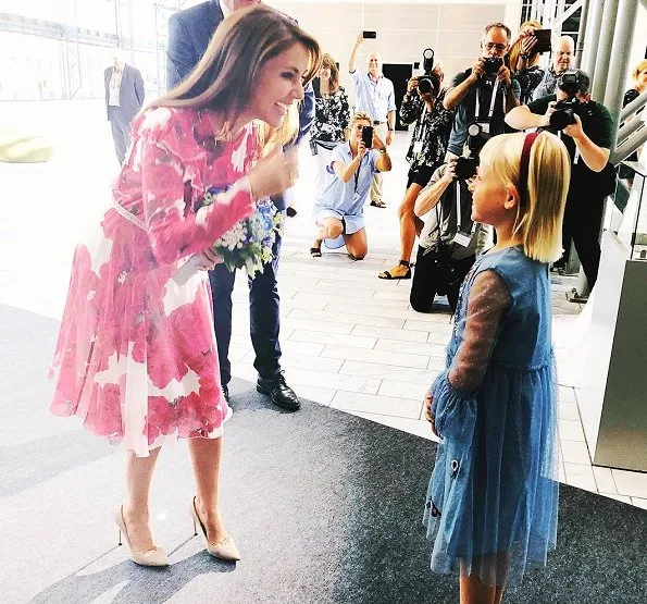 Princess Marie wore Giambattista Valli Rose print ruffled silk georgette dress for opening 2018 New Nordic Jewellery and Watch Fair