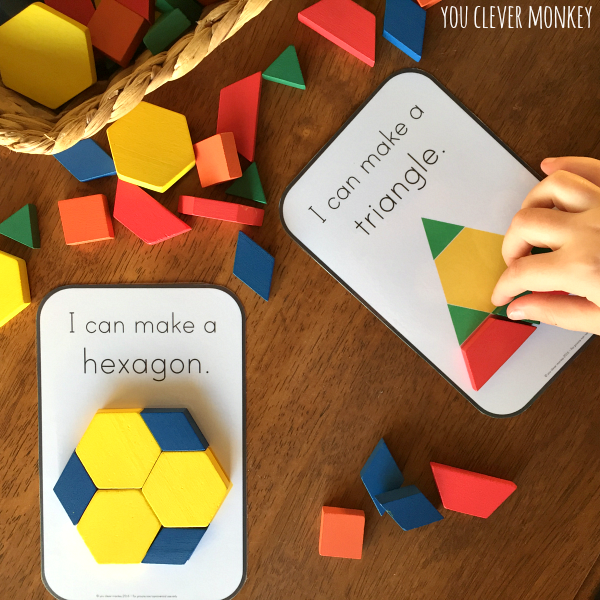2D Shape Printable Challenge Cards - Easy to read, printable 2D shape cards perfect for use with wooden pattern blocks. Three different sets of cards to challenge preschoolers while they learn about shapes | you clever monkey