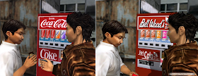 The original Dreamcast release used genuine Coca Cola branding in Japan (left) and "Bell Wood's" branding for other versions (right).