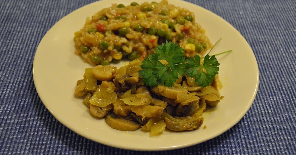 Ciuperci cu curry si garnitura de orez cu porumb si mazare a la Diana