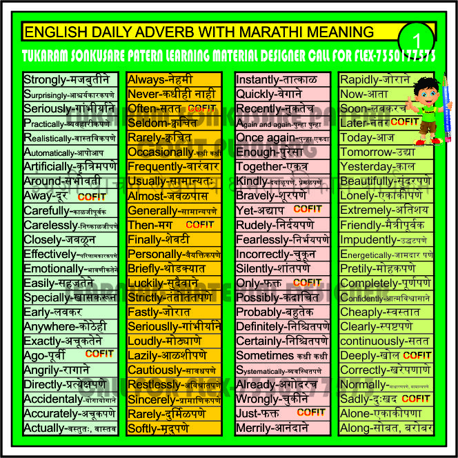 शैक्षणिक गुणवत्ता चळवळ: ENGLISH DAILY ADVERB WITH MARATHI MEANING-100