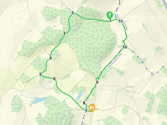 Map for Walk 75: Hitchwood Loop Created on Map Hub by Hertfordshire Walker Elements © Thunderforest © OpenStreetMap contributors There is an interactive map below these directions