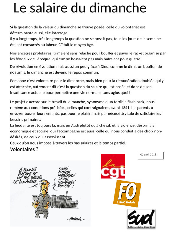 Fo Relais Le Salaire Du Dimanche Alors Volontaire