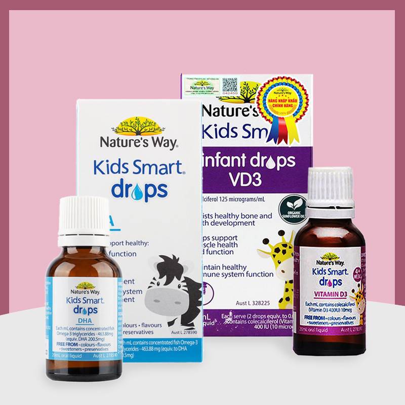 Combo Nature’s Way DHA dạng giọt Kids Smart Drops DHA 20ml + Vitamin D3 dạng giọt Kids Smart Infant Drops VD3 10ml