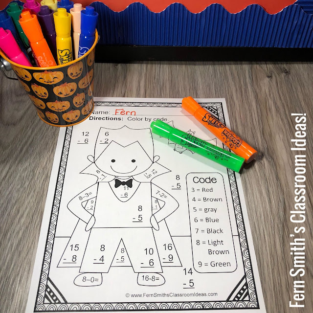 Halloween Color By Number for Some October Halloween Fun For Your Addition and Subtraction Math Lessons - For Kindergarten, First Grade and Second Grade - TeacherspayTeachers - #FernSmithsClassroomIdeas