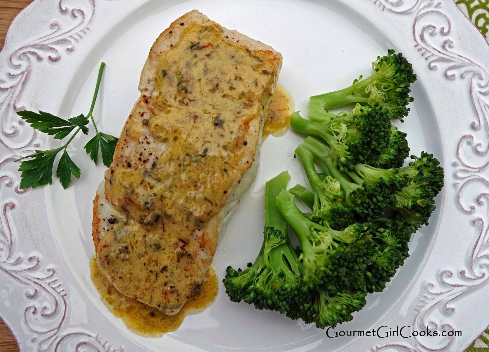 Gourmet Girl Cooks Pan Seared Wild Pacific Halibut with Saffron Cream