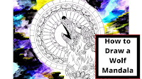 this image contains a wolf zentangle standing in front of a moon mandala with a watercolor background