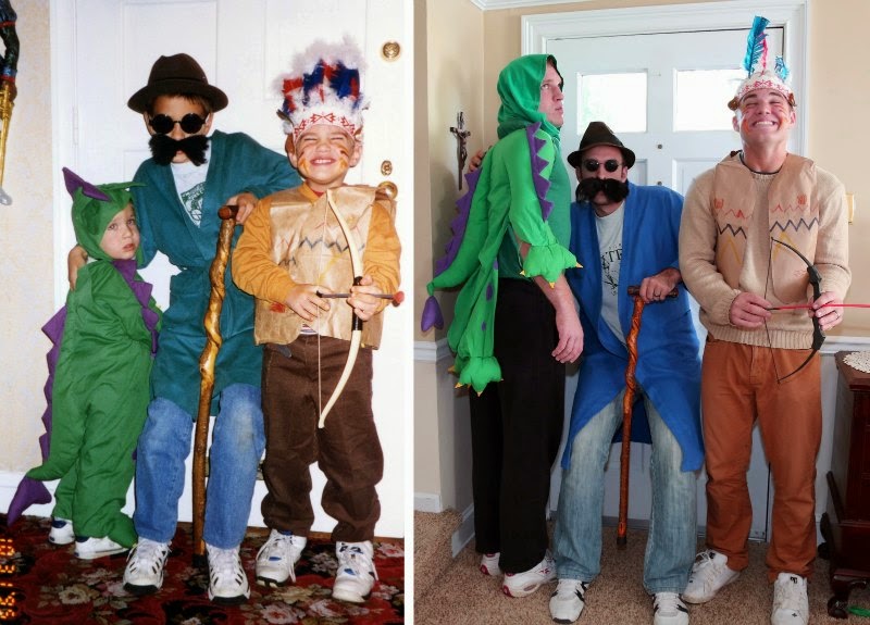 Watch Brothers Recreate their Childhood Photos as Christmas gift for Mom via geniushowto.blogspot.com recreating the costume party scene while the dinosaur seems to have turned into hulk