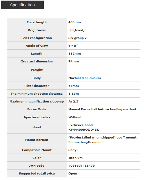 sony nex kenko 400mm mirror lens specs